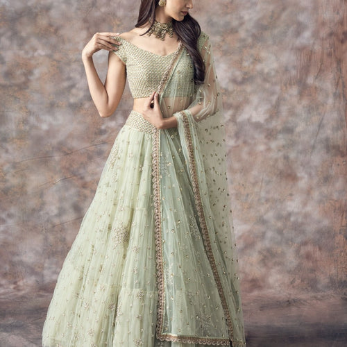 Pista Green Color Sequins Embroidery Work Net Designer Lehenga