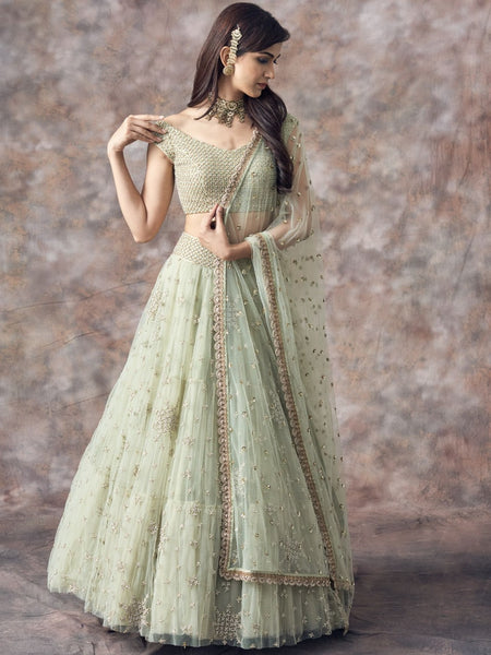 Pista Green Color Sequins Embroidery Work Net Designer Lehenga