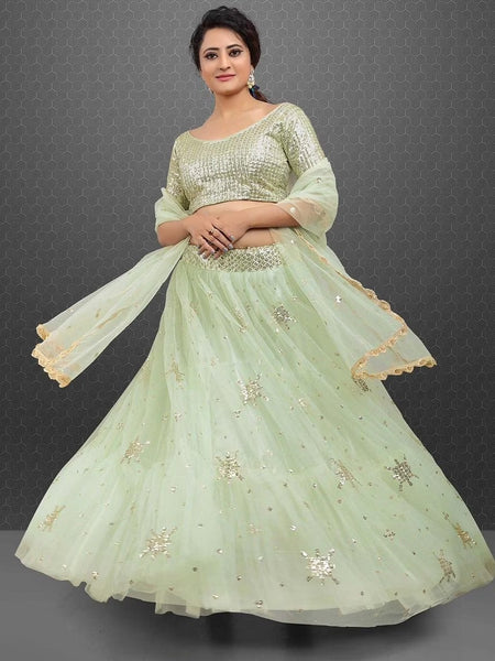 Pista Green Color Sequins Embroidery Work Net Designer Lehenga