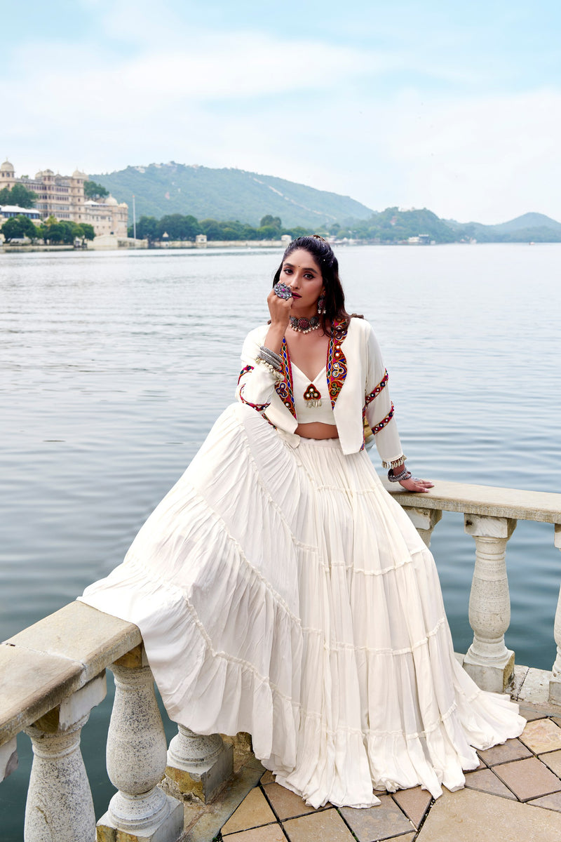 White Color Pure Rayon Gamthi Work Navratri Lehenga Choli