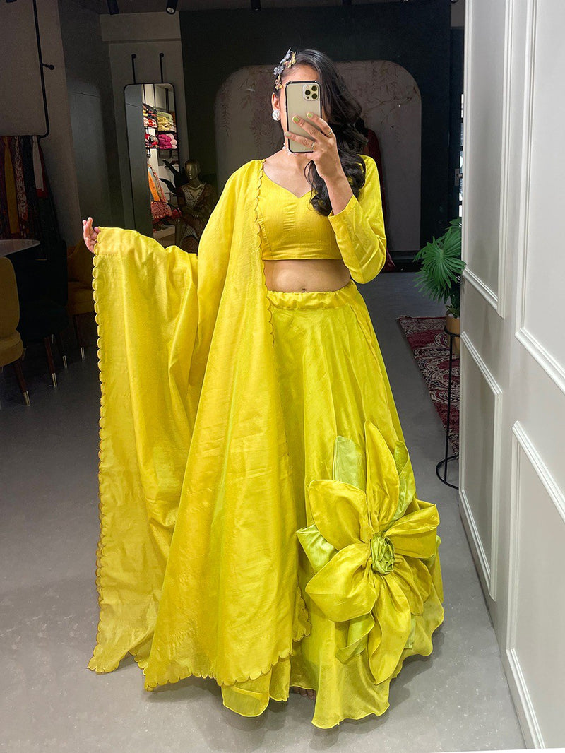 Yellow Color Beautiful Floral Designer Rajwadi Chanderi Silk Lehenga Choli