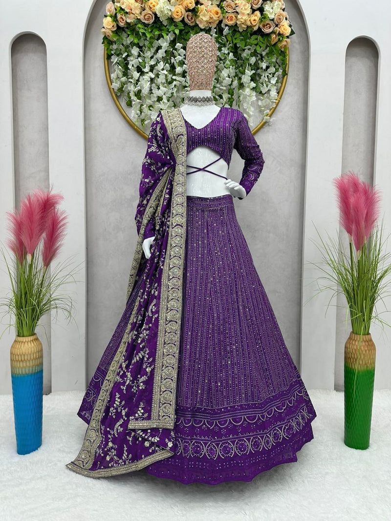 Violet Color Party Wear Sequence Lucknowi Work Designer Lehenga Choli Set