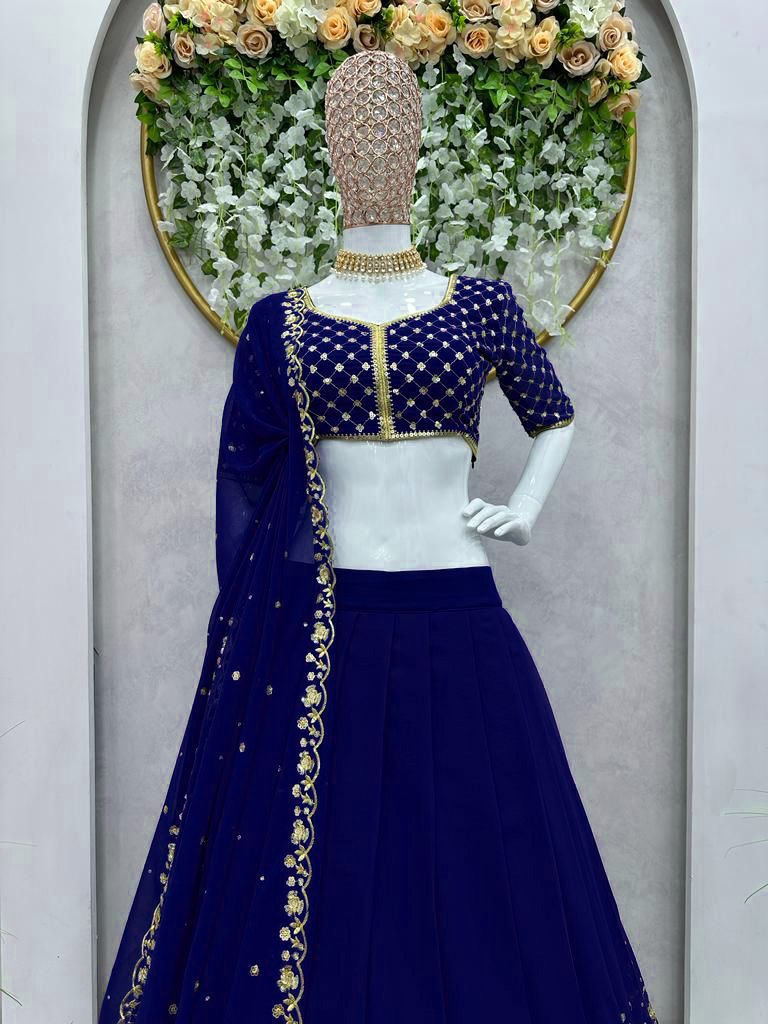 Blue Premium Fox Goergette Designer Wedding Wear Lehenga Choli