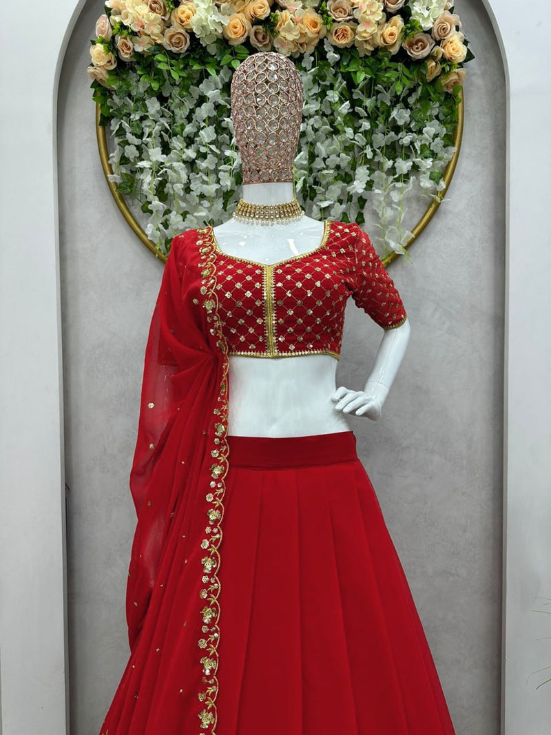 Red Premium Fox Goergette Designer Wedding Wear Lehenga Choli