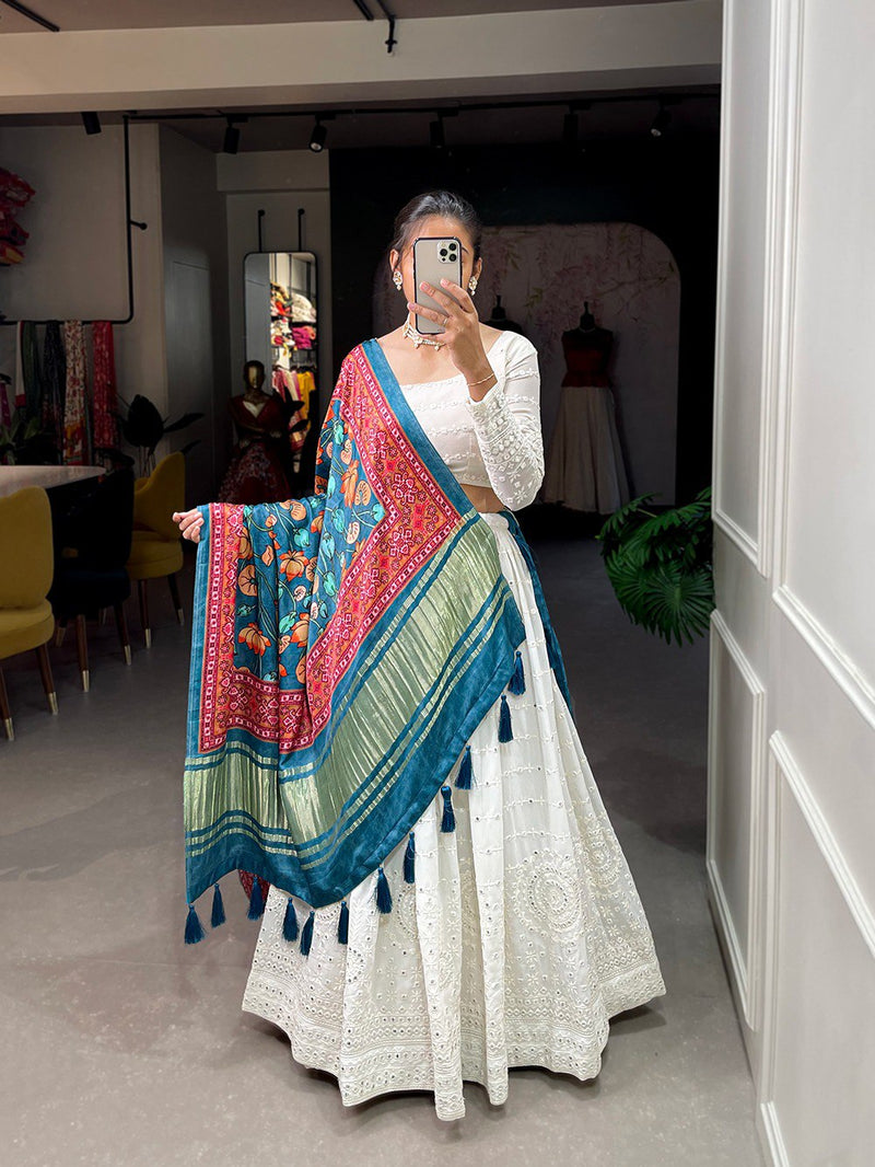 White Color Georgette Lucknowi Work Lehenga Choli With Kalamkari Dupatta
