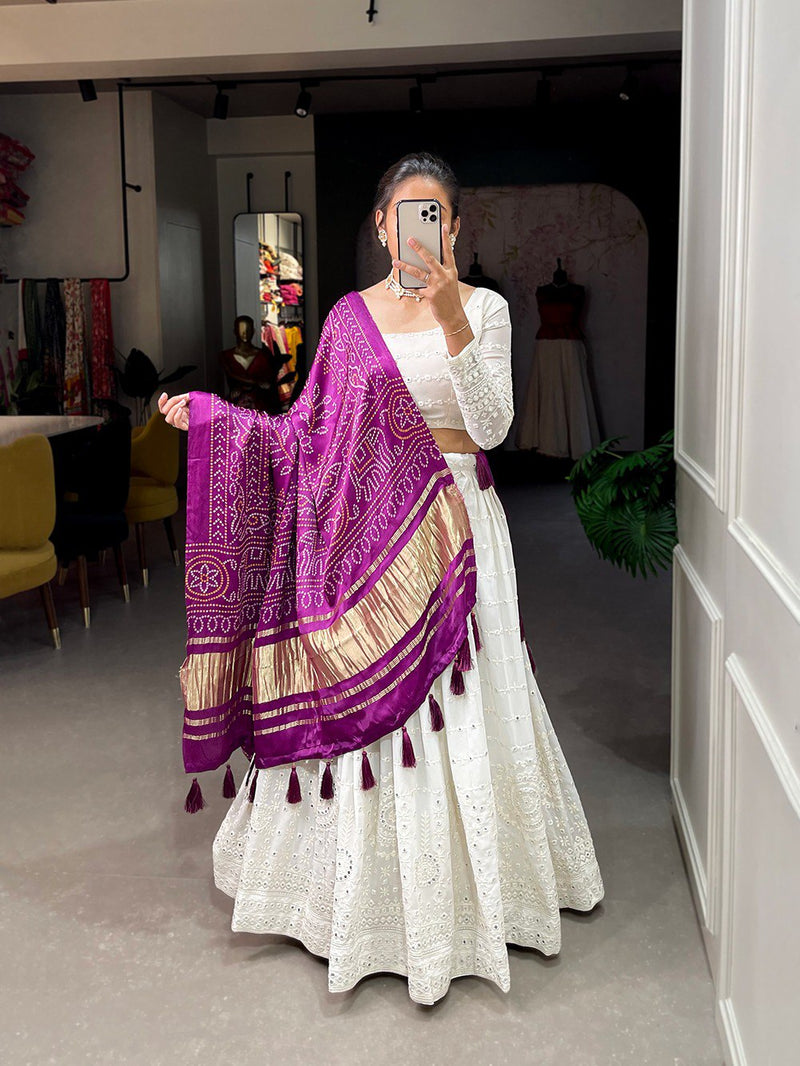White Color Georgette Lucknowi Work Lehenga Choli With Bandhej Dupatta