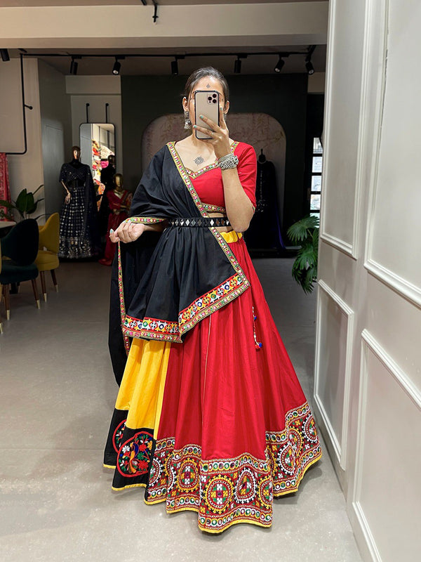 Red & Yellow Pure Cotton Gamthi Work Navratri Lehenga Choli Set