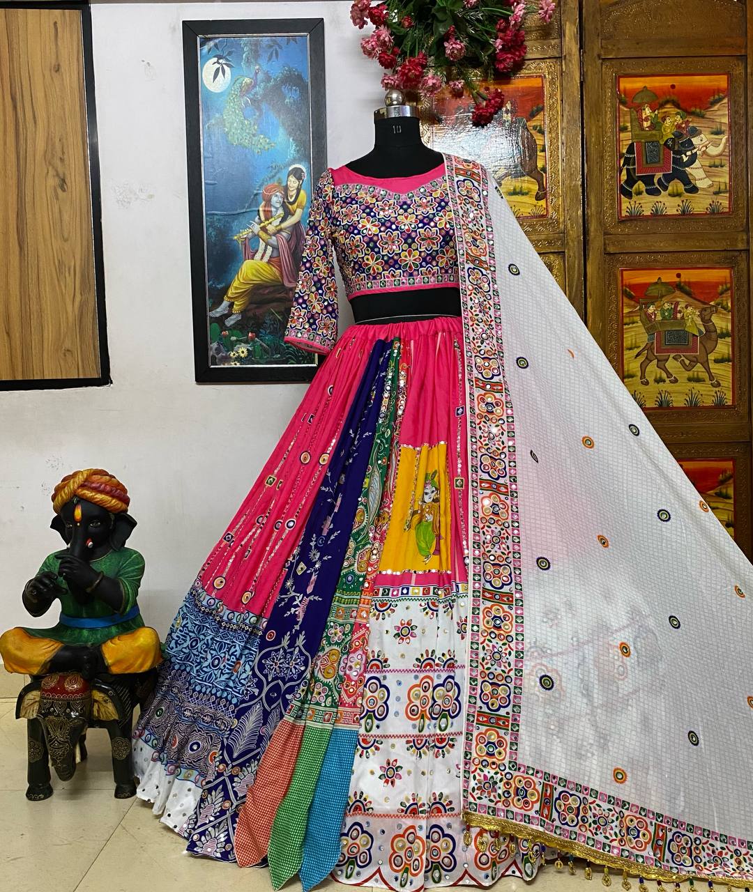 Pink Mirror Work Megic  Navratri Lehenga Choli.