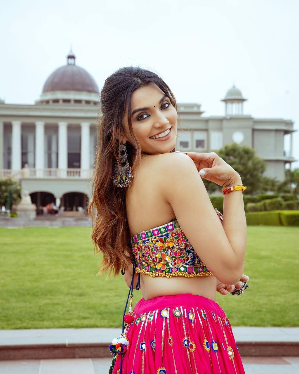 Pink Mirror Work Megic  Navratri Lehenga Choli.