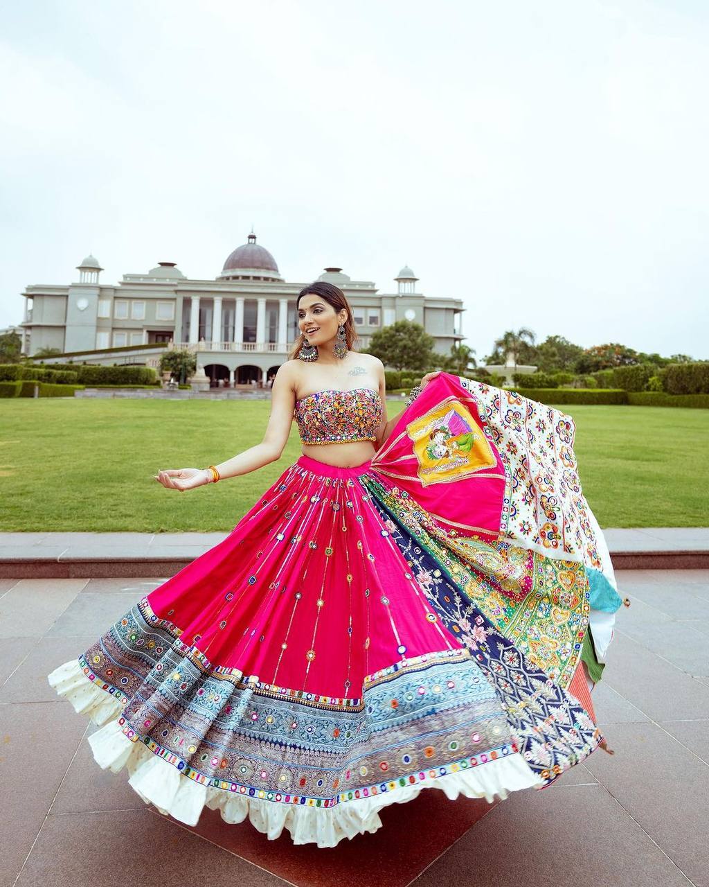 Pink Mirror Work Megic  Navratri Lehenga Choli.