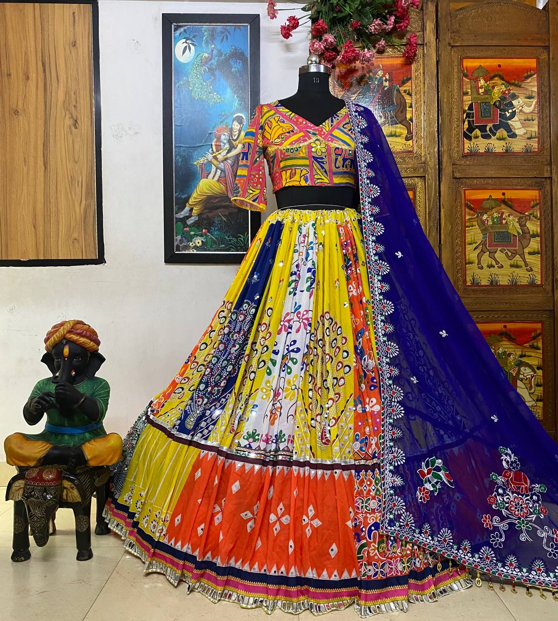 Yellow Mirror Work Megic Navratri Lehenga Choli.