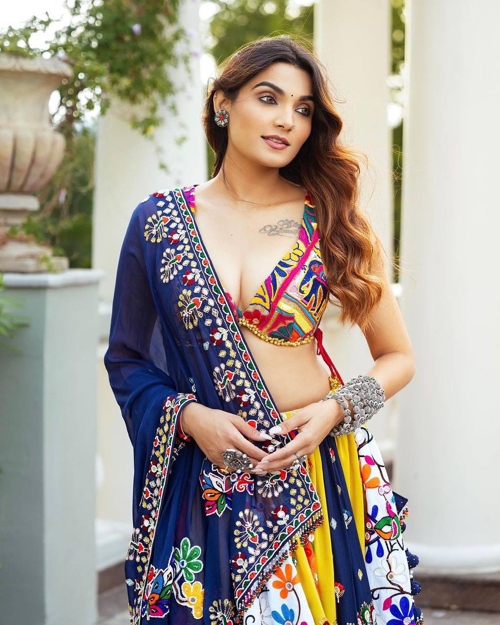 Yellow Mirror Work Megic Navratri Lehenga Choli.