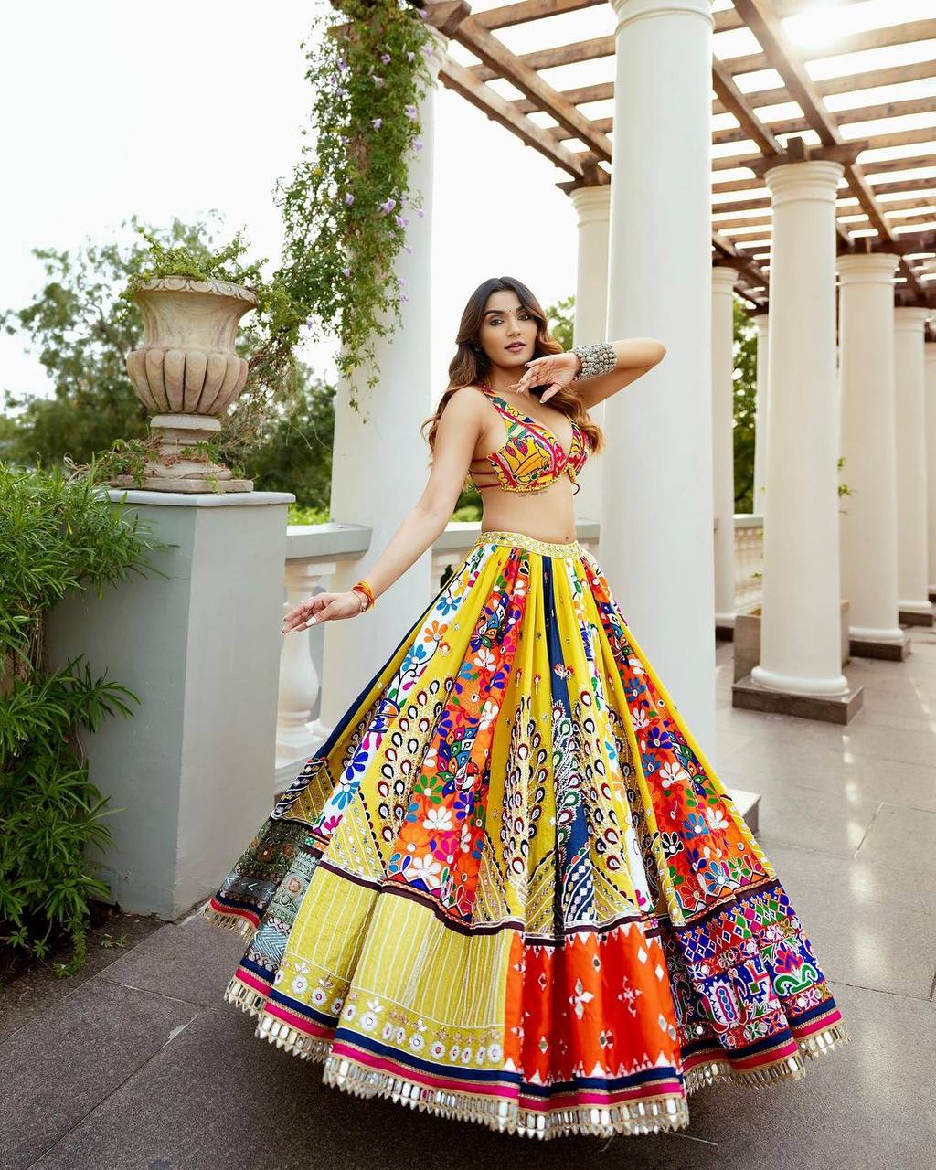 Yellow Mirror Work Megic Navratri Lehenga Choli.
