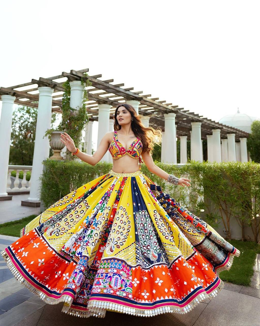 Yellow Mirror Work Megic Navratri Lehenga Choli.