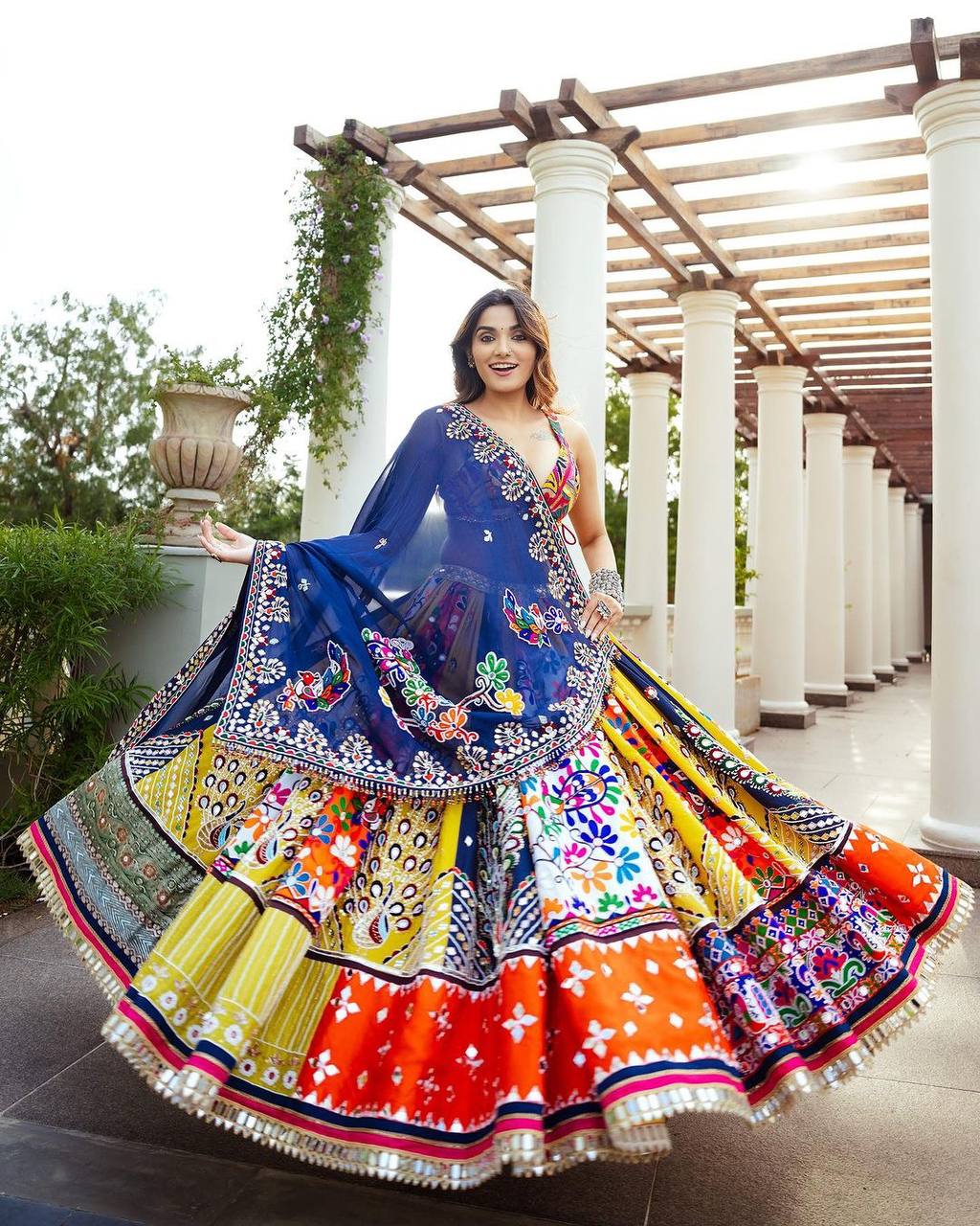 Yellow Mirror Work Megic Navratri Lehenga Choli.