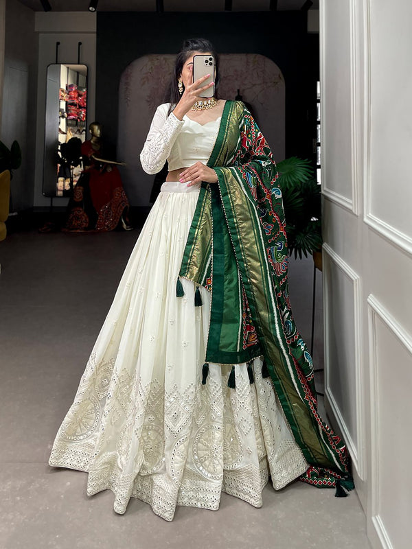 White Color Georgette Lucknowi Work Heavy Wedding Wear Lehenga Choli
