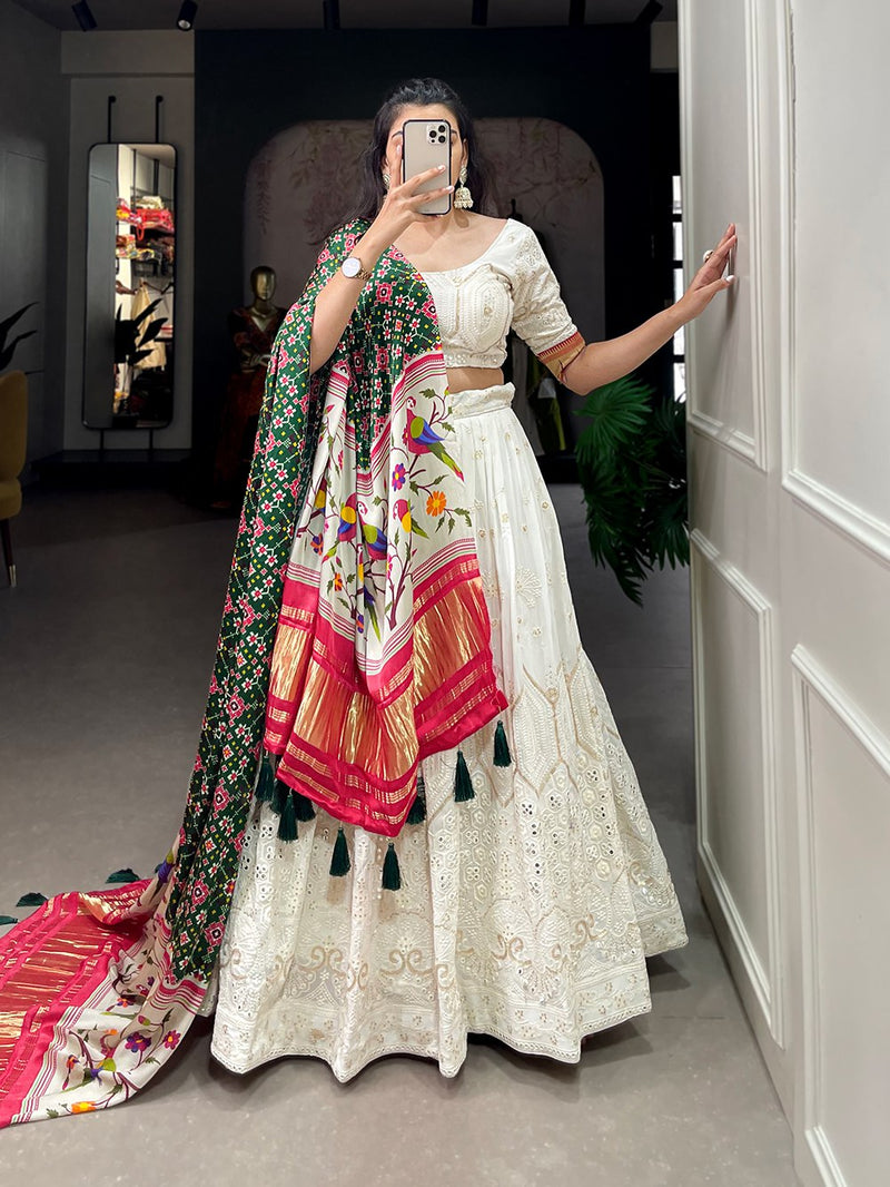 White Color Premium Georgette Lucknowi Sequence Work Wedding Lehenga Set