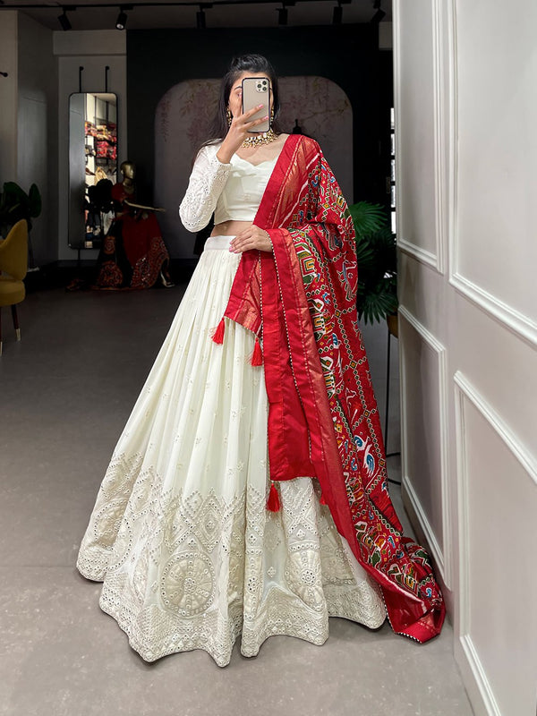 White Color Georgette Lucknowi Work Wedding Wear Lehenga Choli