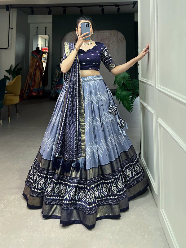 Sky-Gray Color Printed Wedding Wear Trendy Designer Lehenga Choli
