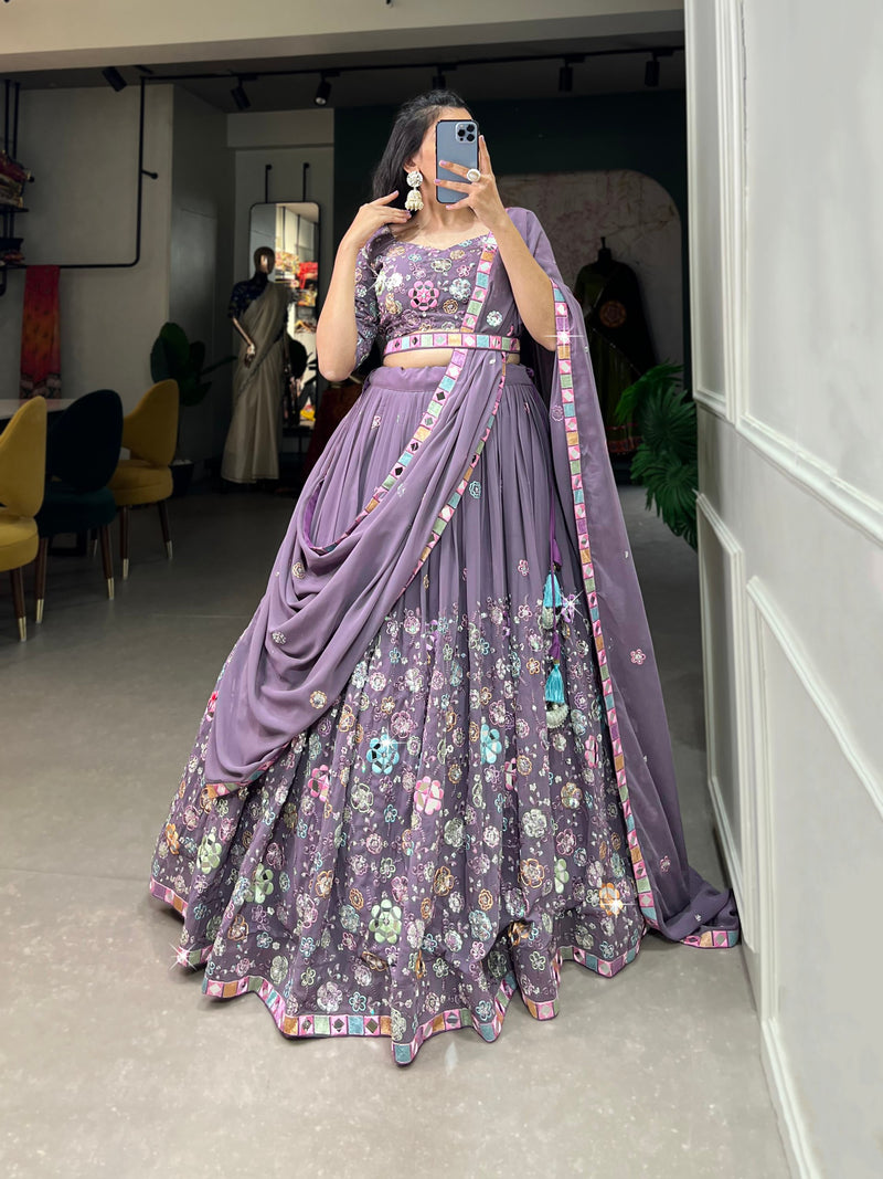 Purple Color Embroidery With Original Mirror Wedding Wear Lehenga Choli