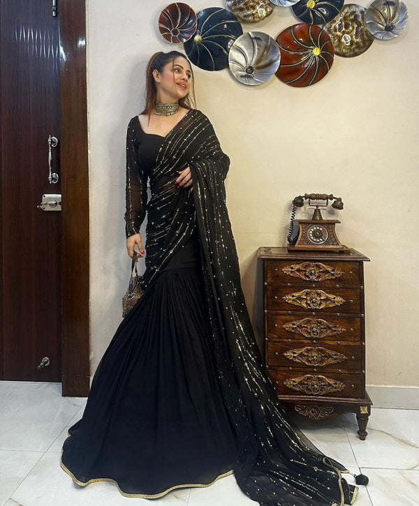 Black Color Premium Designer Party Wear Georgette Lehenga Saree