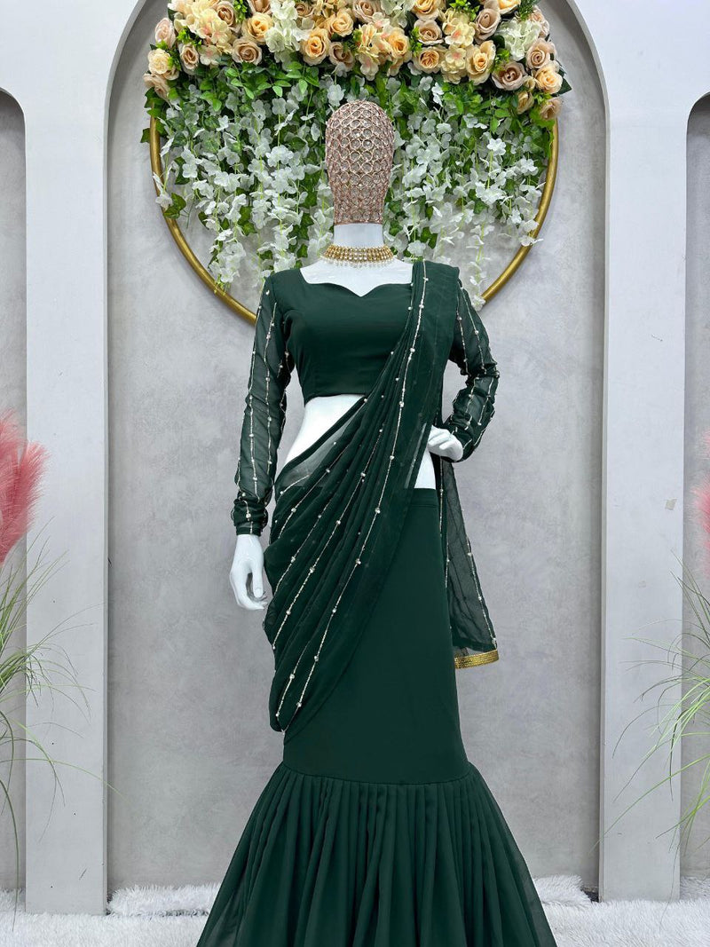 Green Color Premium Designer Party Wear Georgette Lehenga Saree