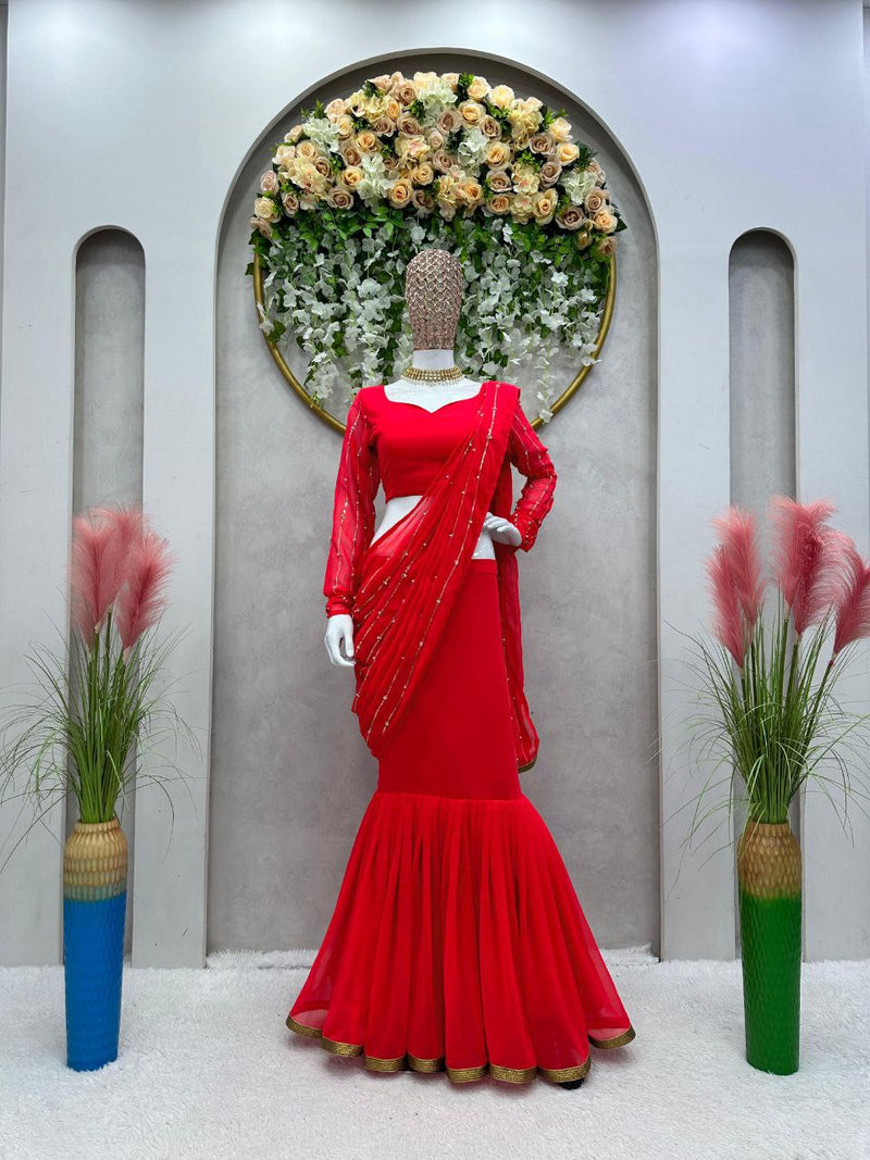 Red Color Premium Designer Party Wear Georgette Lehenga Saree