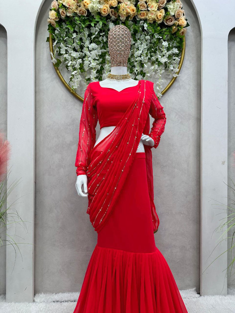 Red Color Premium Designer Party Wear Georgette Lehenga Saree