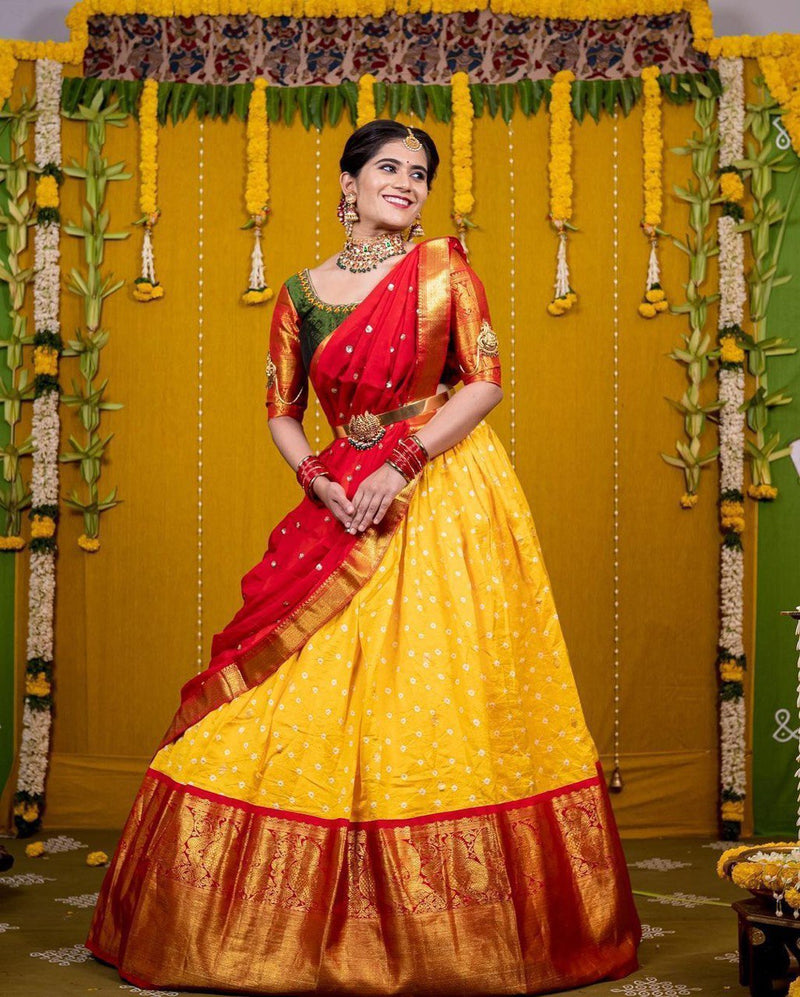 Yellow Color Kanjiveram Silk Wedding Wear Beautiful Half Saree