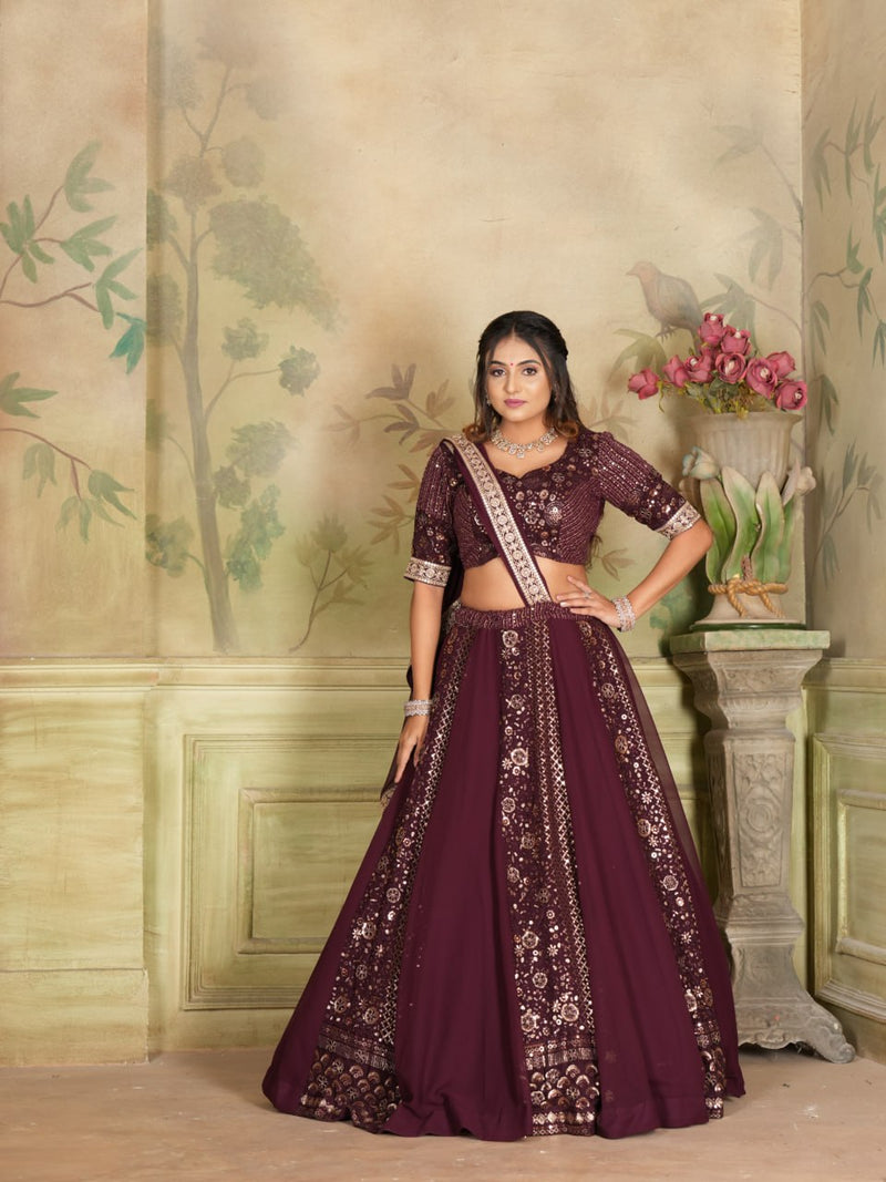 Wine Color Faux Georgette With Sequence Embroidery Work Wedding Wear Lehenga Choli