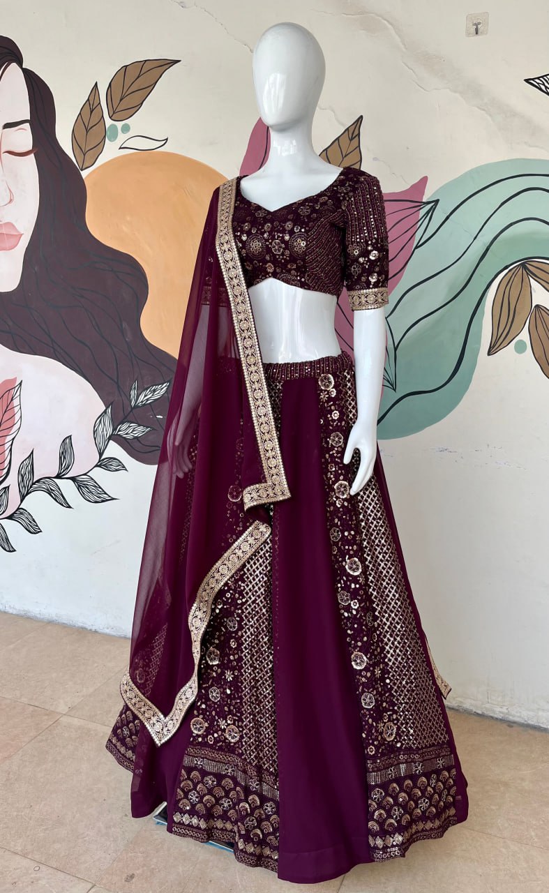 Wine Color Faux Georgette With Sequence Embroidery Work Wedding Wear Lehenga Choli