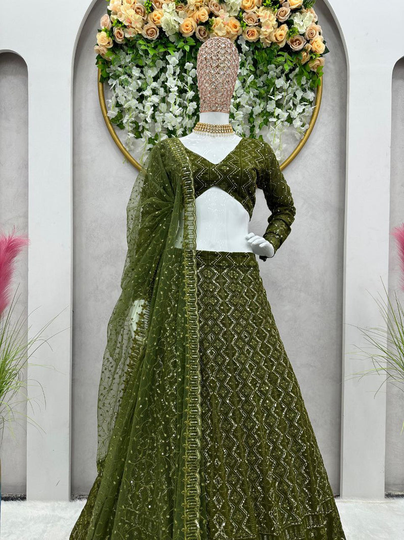 Green Color Fox Georgette Sequencial Embroidery Work Lehenga