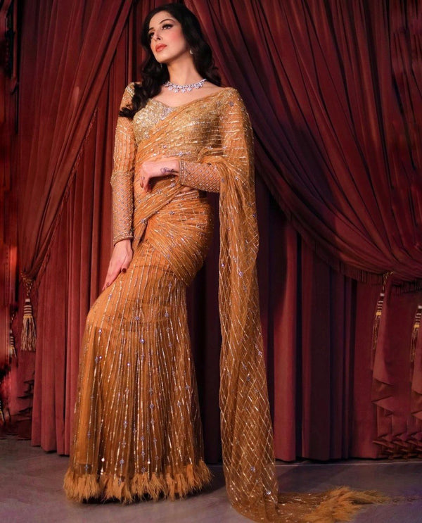 Golden Color Sequence Embroidery Work Bollywood Style Lehengha Cum Saree