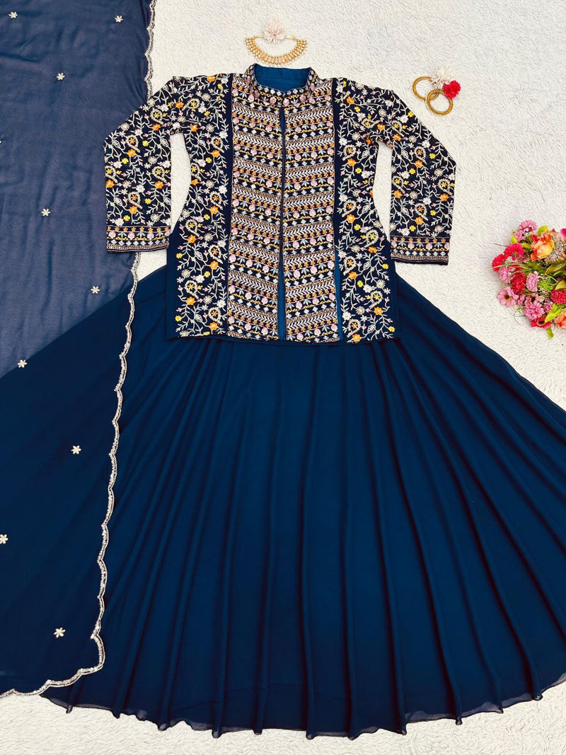 Navy Blue Color Georgette Sequence Work Wedding Wear Plain Lehenga Choli