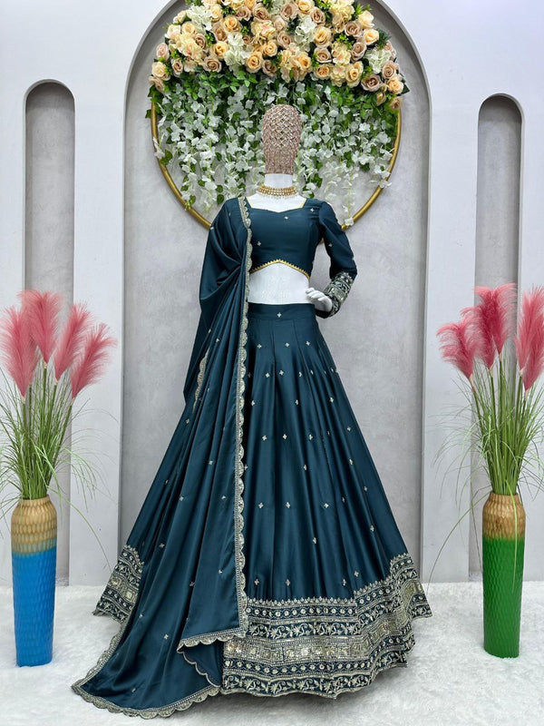 Steel Blue Color Designer Wedding Wear Silk Sequence Work Lehenga Set