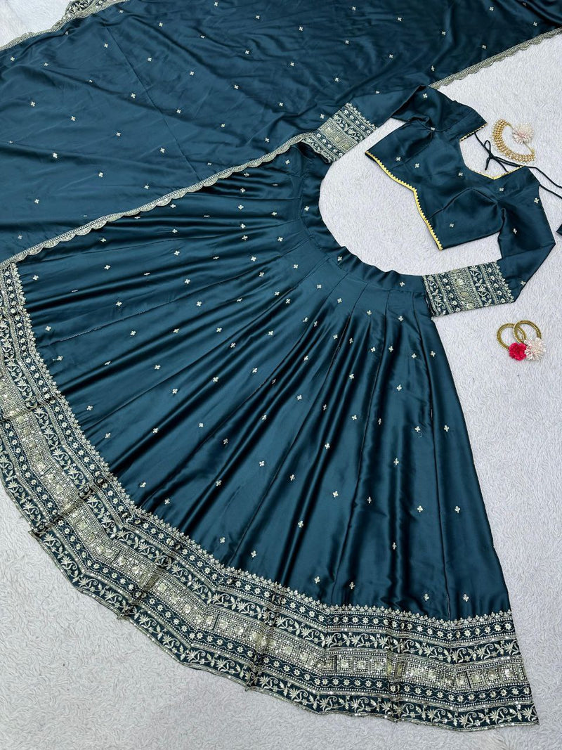 Steel Blue Color Designer Wedding Wear Silk Sequence Work Lehenga Set
