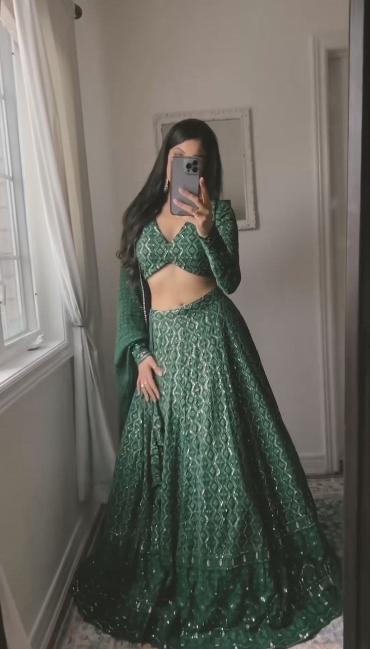 Green Color Lucknowi Hit Designer Party Wear Embroidered Lehenga Set