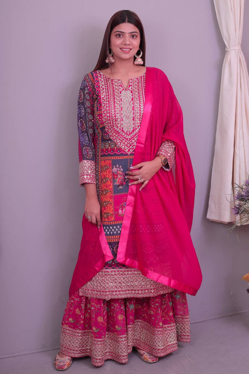 Multi Color Printed With Embroidery Work Stone Hand Work Plazzo Suit