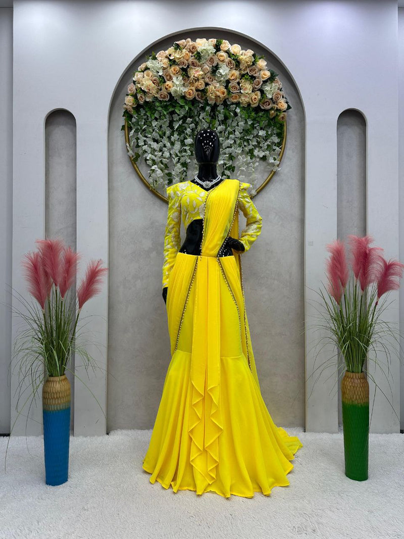 Yellow Color Faux Georgette Party Wear Designer Lehenga Saree