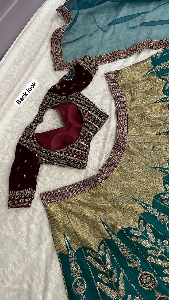 Teal Green Color Heavy Thread  Zari with Sequence Work  Designer Lehenga Choli