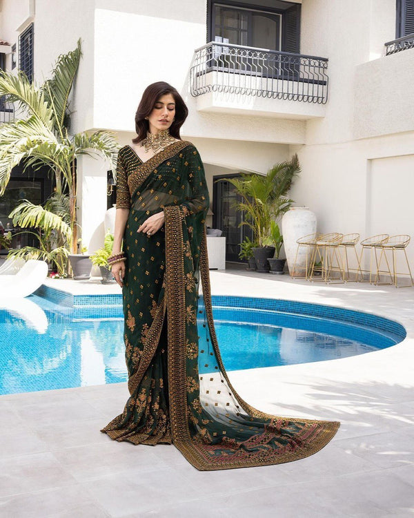 Green Color Multi Tread Work Sequence Embroidery Work Designer Saree