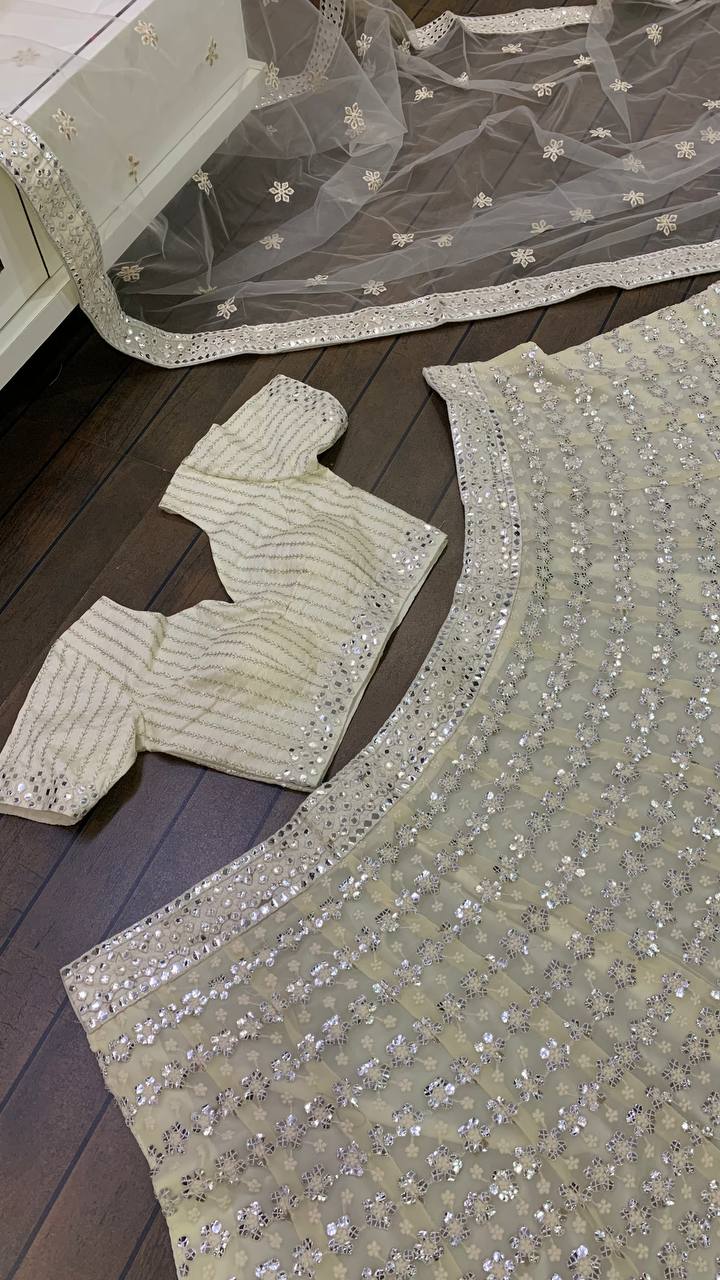 White Color Heavy Thread With Papper Mirror Work Designer Lehenga Choli