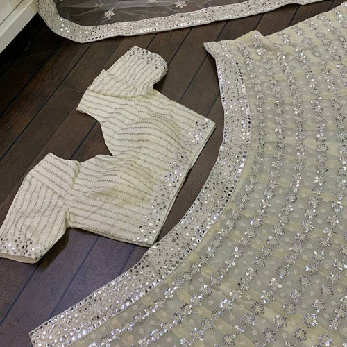 White Color Heavy Thread With Papper Mirror Work Designer Lehenga Choli