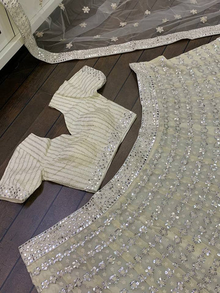 White Color Heavy Thread With Papper Mirror Work Designer Lehenga Choli