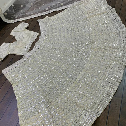 White Color Heavy Thread With Papper Mirror Work Designer Lehenga Choli