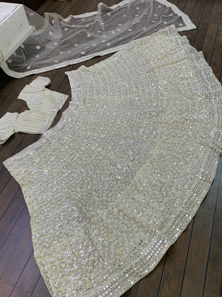 White Color Heavy Thread With Papper Mirror Work Designer Lehenga Choli
