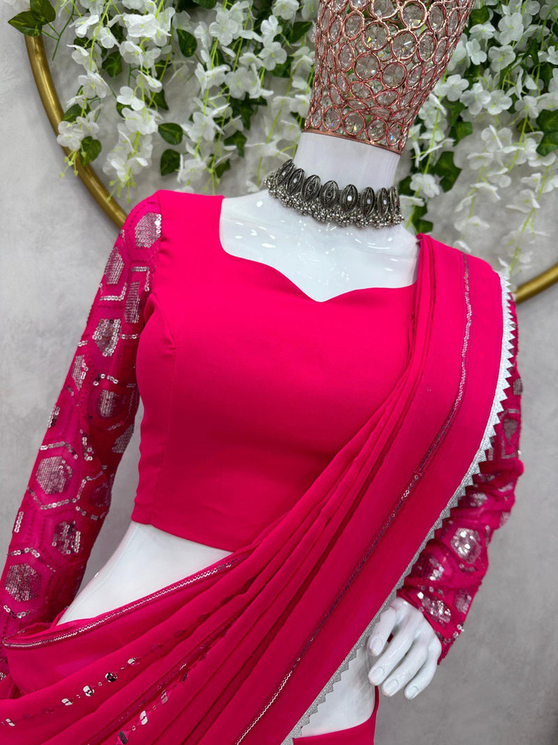 Pink Color Faux Georgette Embroidery sequence Work Lehenga Saree