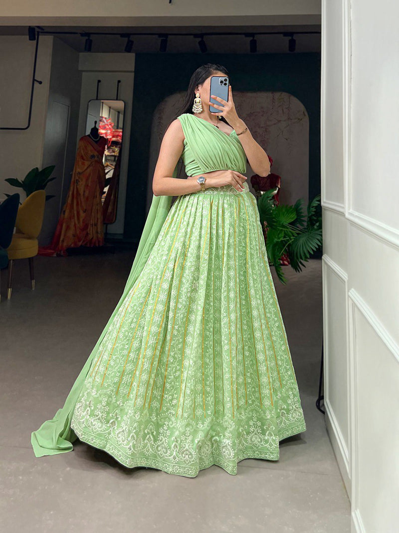 Pista Color Georgette Lucknowi Thread Work Wedding Lehenga Choli Set