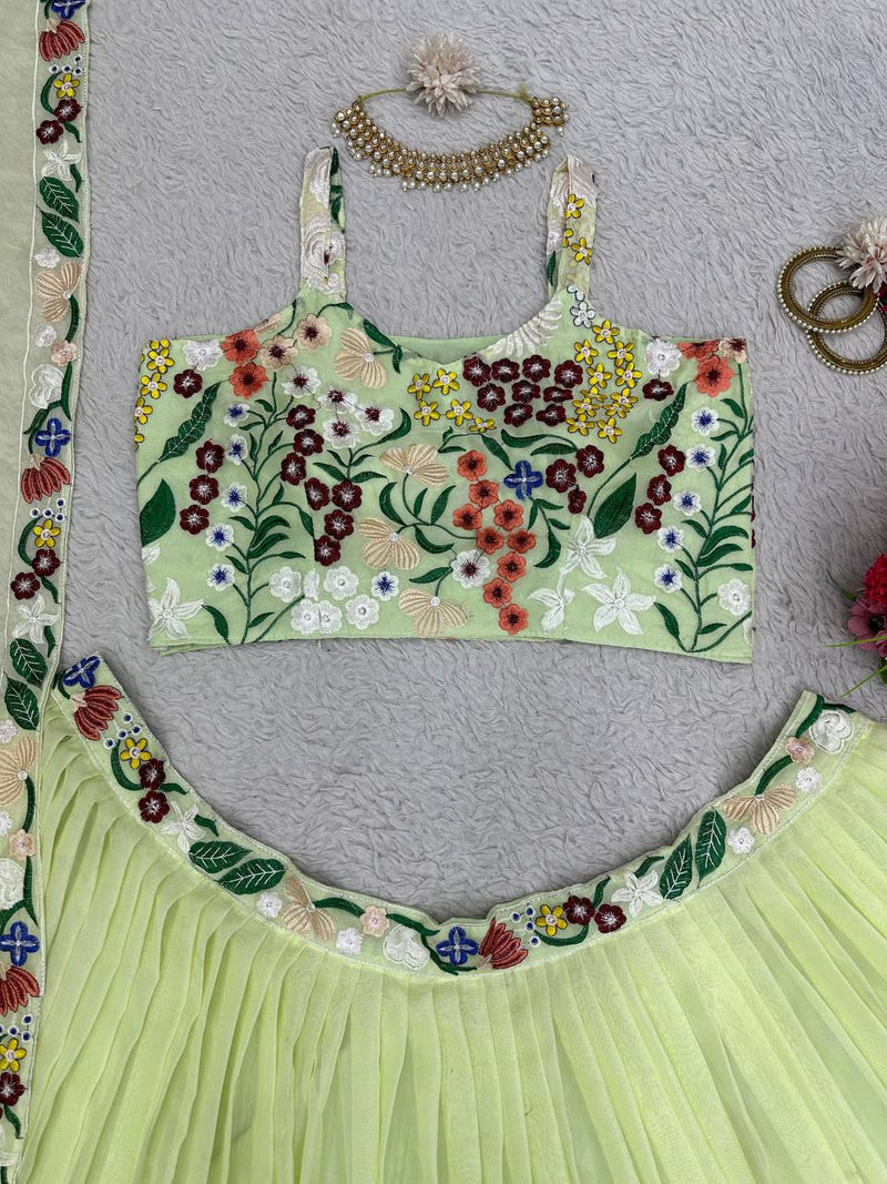 Pista Color Silk Embroidered Work Wedding Lehenga Choli Set