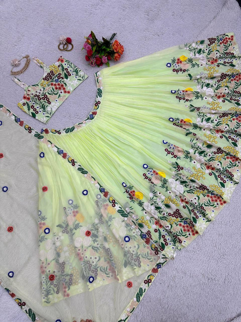 Pista Color Silk Embroidered Work Wedding Lehenga Choli Set
